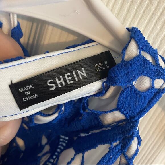 SHEIN Slit Hem Guipure Lace Overlay Pencil Dress Women's Size Small Blue - Picture 11 of 14